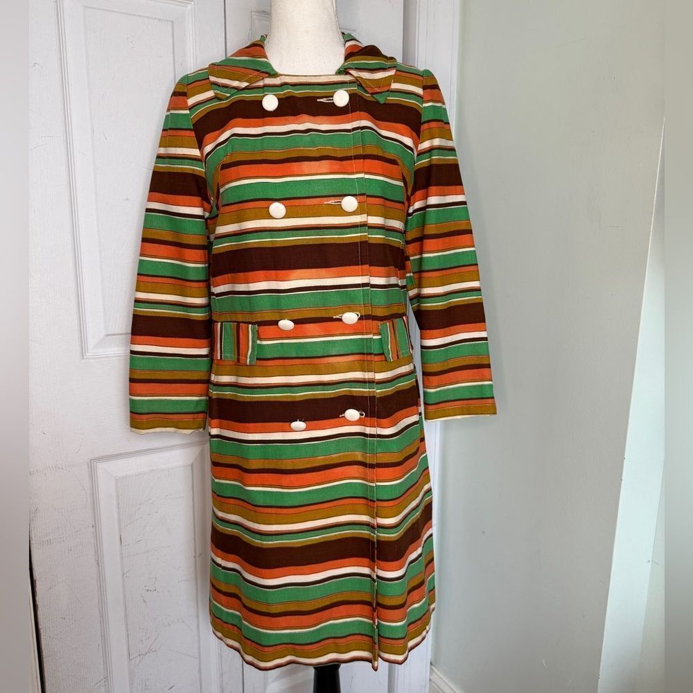 1960s Mod Twiggy Groovy Orange, Green, White and Brown Full-length Coat